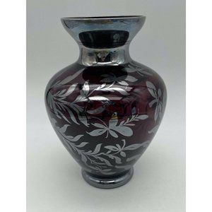 Vtg. Mid Century Murano Vase Ruby Red Glass with Silver Overlay